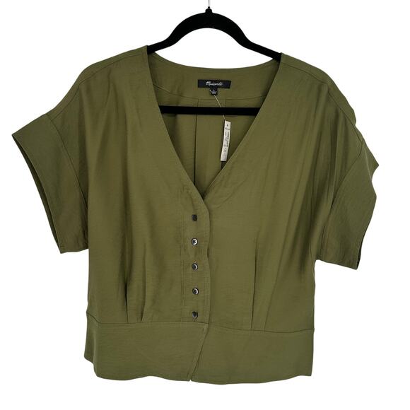 Madewell Tops - Madewell New! Pleated Short-Sleeve Top Olive Green Crop Summer Bohemian Vacay L